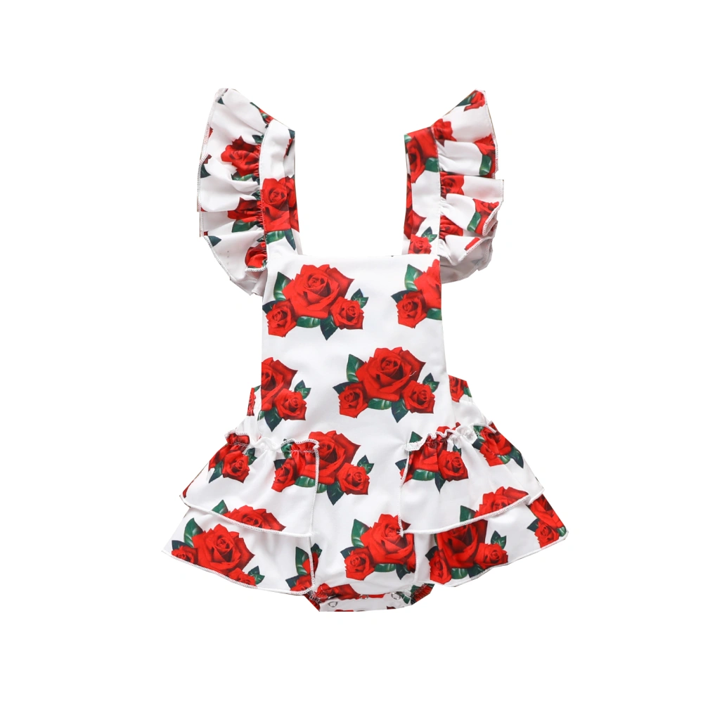 Baby Girl's Romper, Rose Print Ruffle Flying Sleeve Bandage Bodysuit