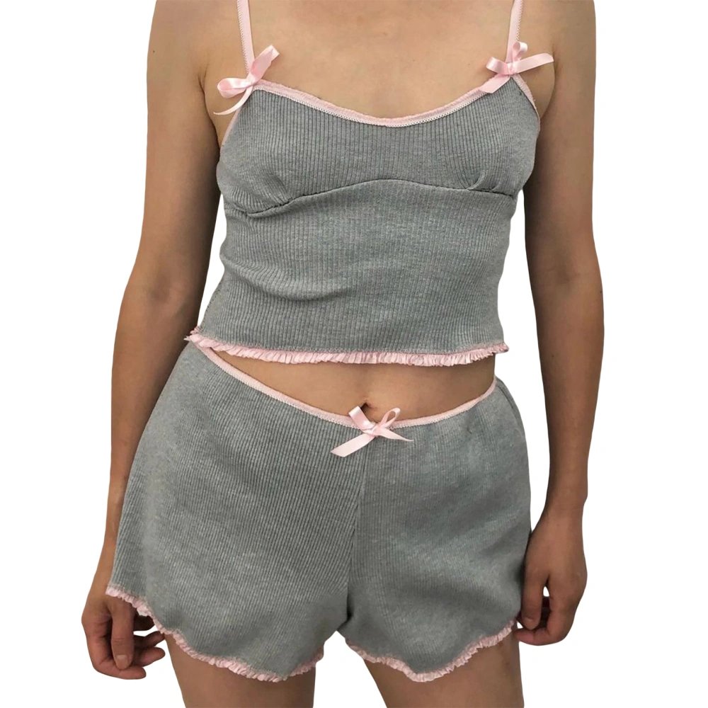 Women Shorts Set, Bowknot Patchwork Camisole + Elastic Waist Shorts