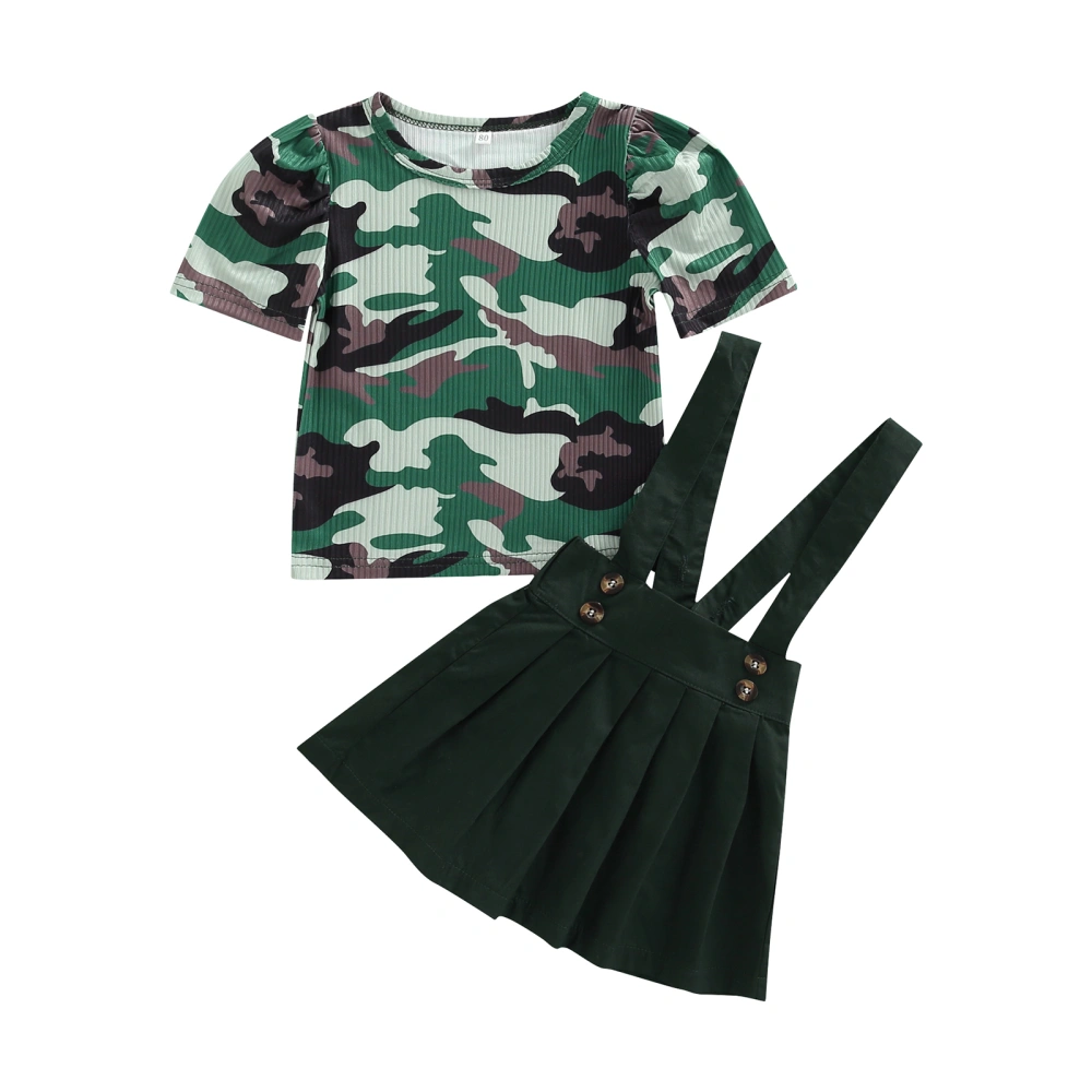 Girls Camouflage Print Short Puff Sleeve Tops and Suspender Skirt