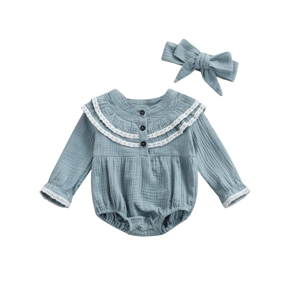 Infant Girls Bodysuit, Long Sleeve Lace Ruffled Romper+Headband