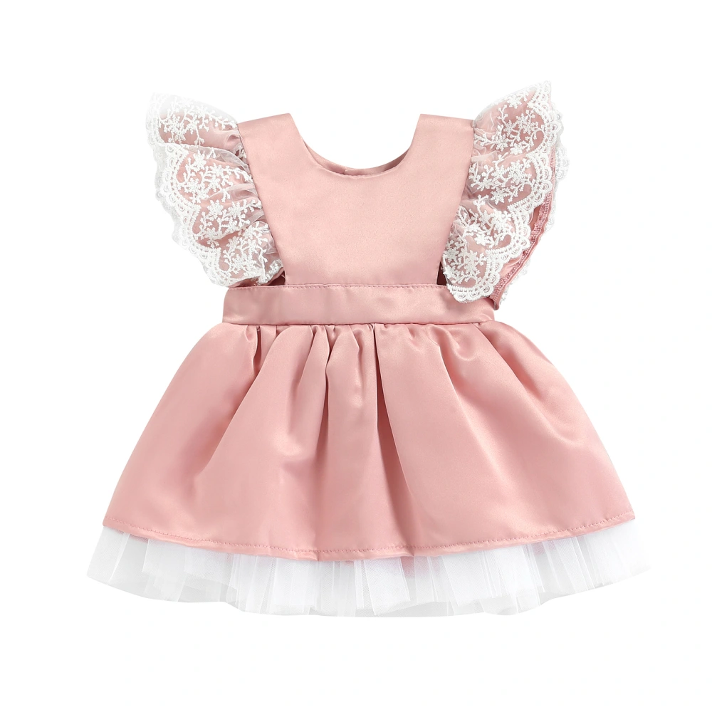 Little Girls Front Buttons Dress, O-Neck Bowknot Layered Hem Dress