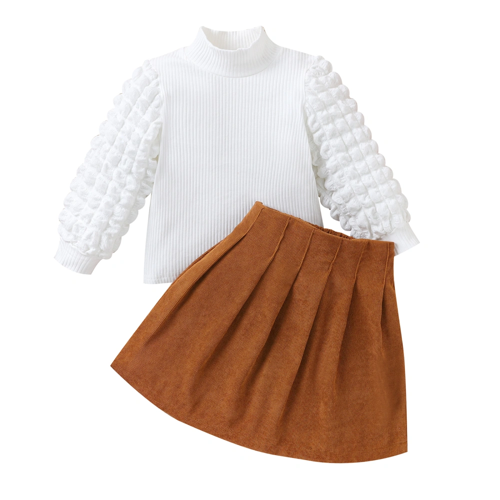 Toddler Girls Fall Outfits Long Bubble Sleeve Tops + Pleated Skirt Set