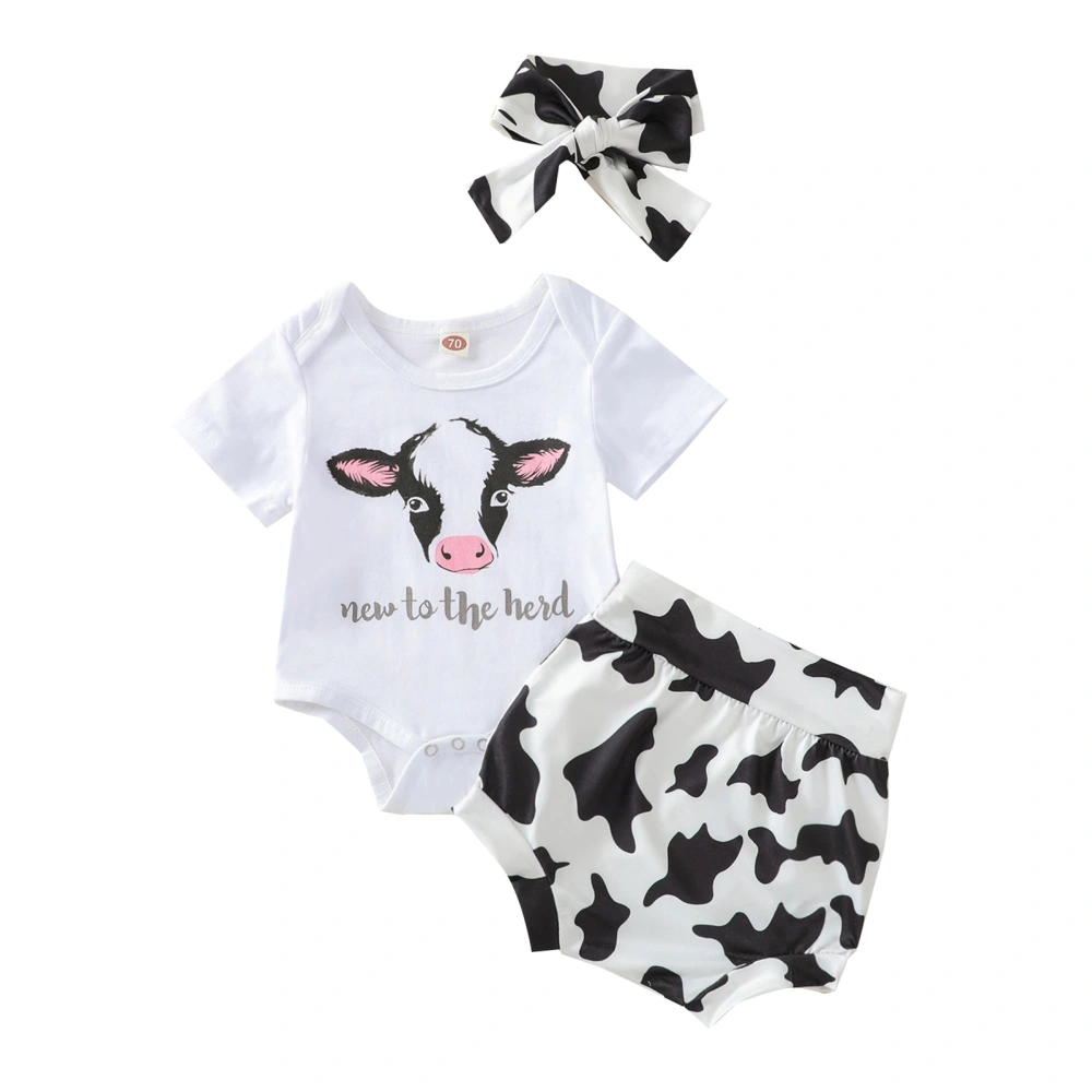 Letter & Cow Pattern Short Sleeve Romper + Shorts + Headband