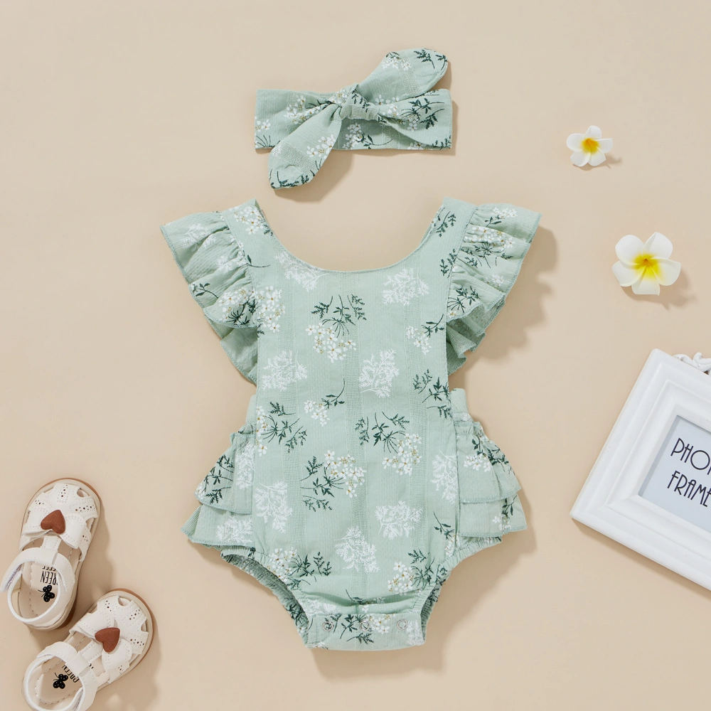 Kids Summer Flower Print Round Collar Fly Sleeve Bodysuit+ Headband