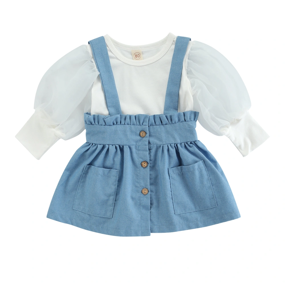 Girls Solid Color Clothes Set, Long Mesh Sleeve Tops+Suspender Skirt