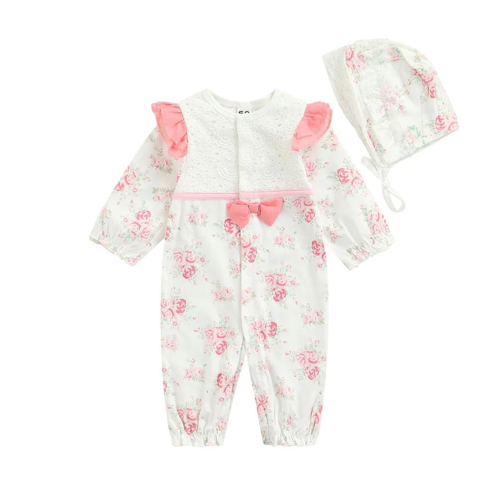 Flower Print Fly Sleeve Round Neck Lace Jumpsuit with Bow + Tie-up Cap