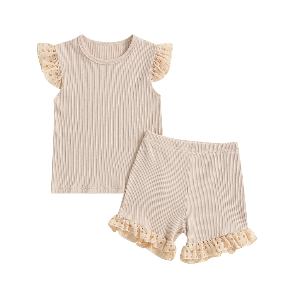 Toddler Girls Flying Sleeve Ribbed Tops and Lace Floral Shorts Sets