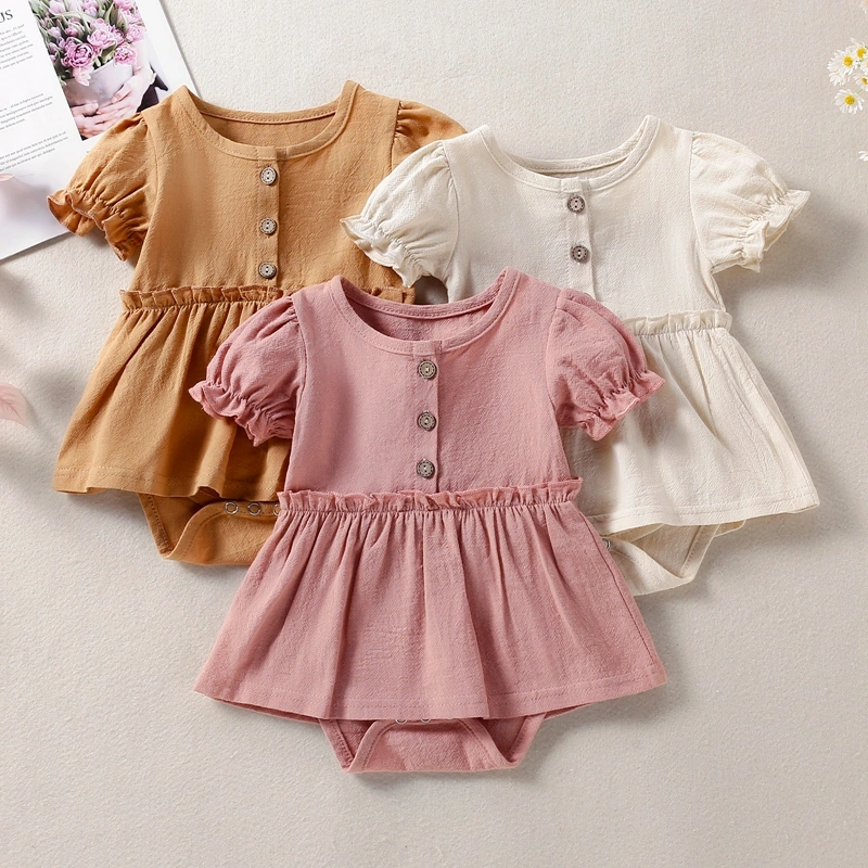 Baby Girl Short Sleeve Romper, Solid Color Button Dress Style Playsuit