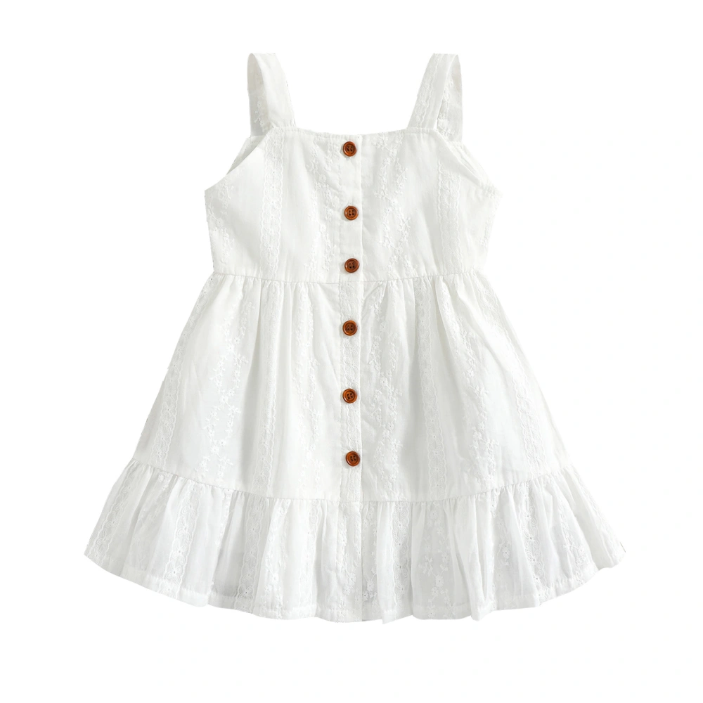 Girls Summer, Sling Plain Embroidery Button-Down Ruffle Hem Dress