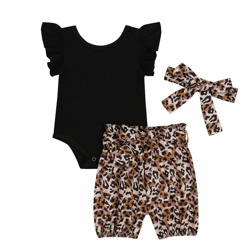 Cross Cutout Fly Sleeve Romper + Tie-up Leopard Shorts + Headband