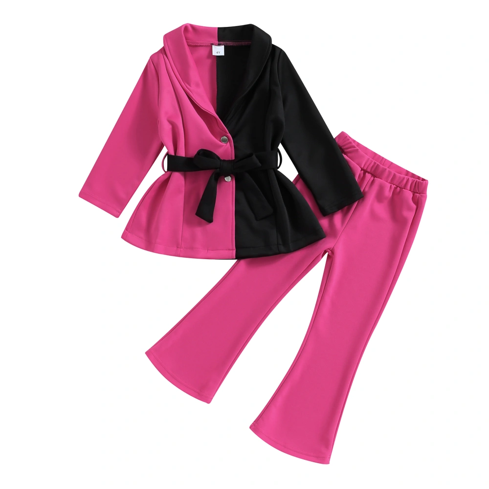 Girls Long Sleeve Contrast Color Belted Tops Solid Color Pants Sets