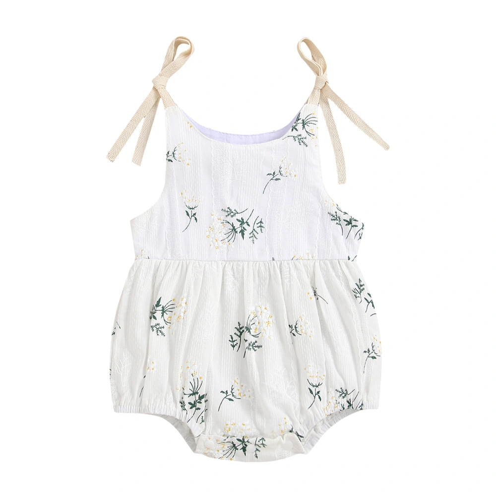 Summer Sleeveless Romper, Tie-up Plant Pattern U-shaped Neck Playsuit