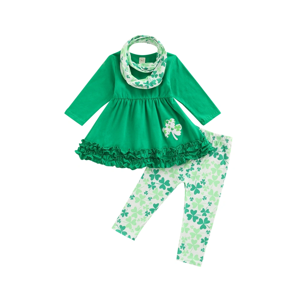 Kids Girls Suit, Long Sleeve Ruffled Dress+Printed Long Pants+Headband