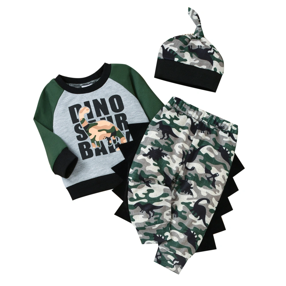 Baby 3 Pcs Set, Long Sleeve Tops Elastic Waist Camouflage Pants Hat 