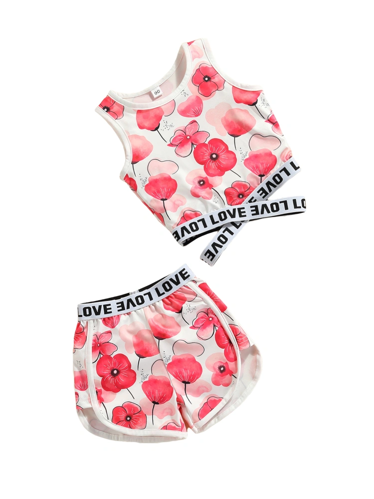 Flower Letter Print Round Neck Cross Cutout Tank Tops + Shorts