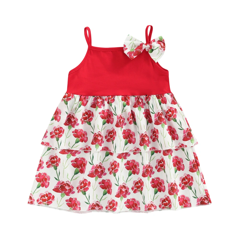 Girls Summer Dress, Red Patchwork Rose Print Sleeveless Skirt