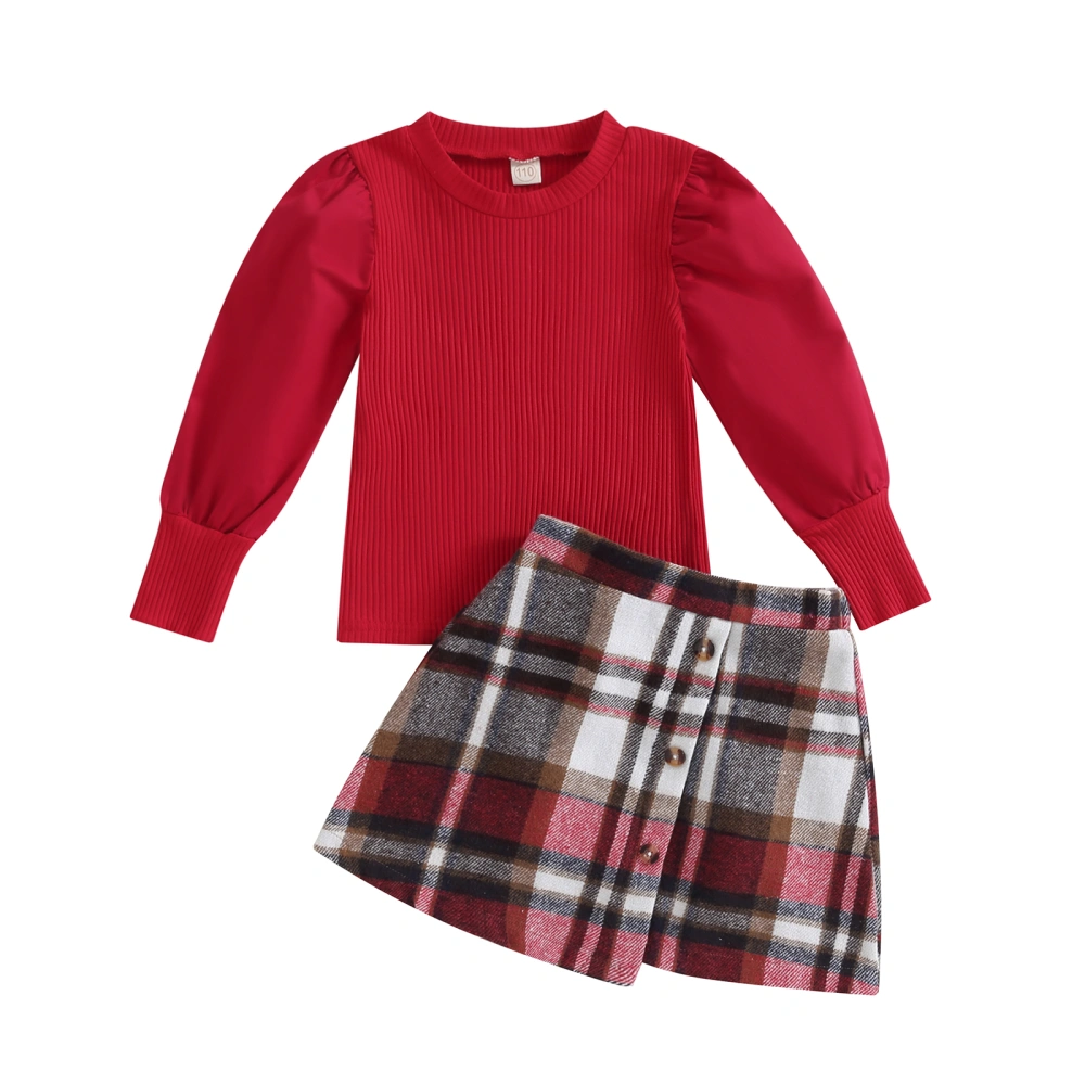 Girls Autumn Long Sleeve Top and Plaid Mini Skirt Set for Party