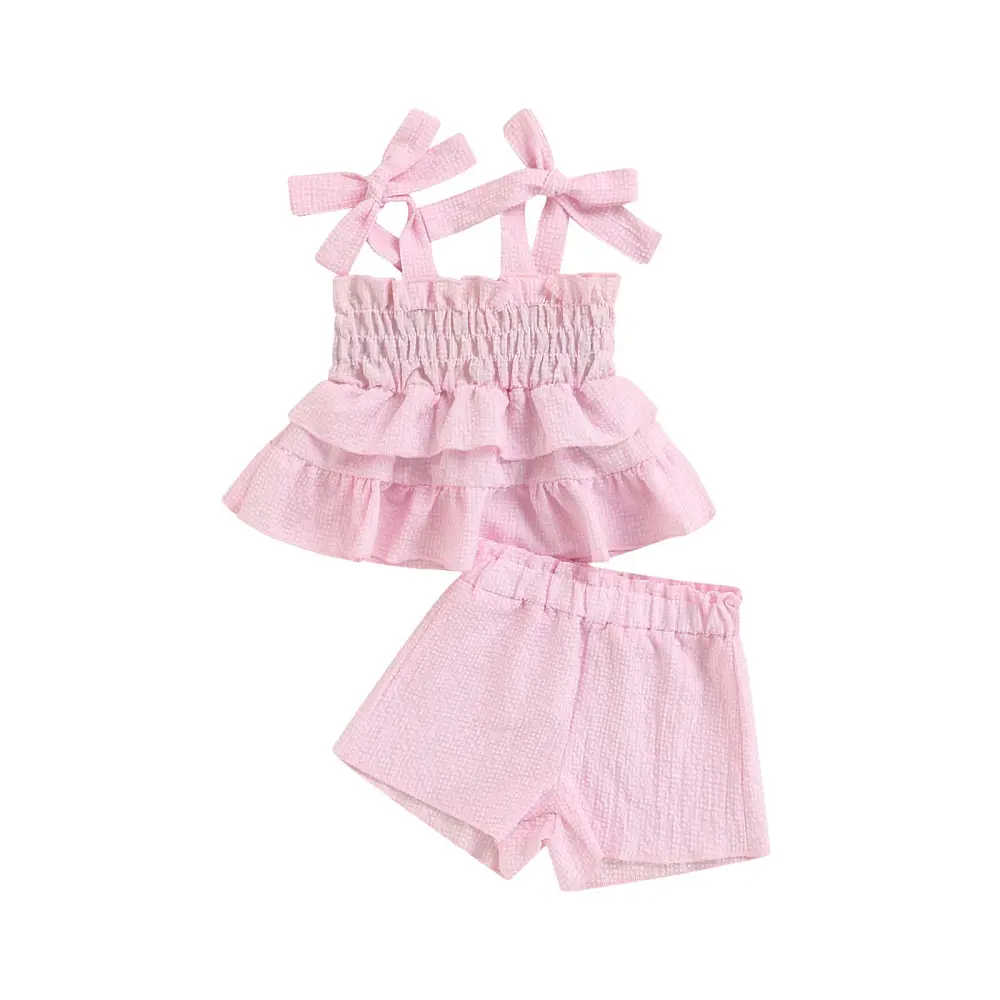 Girls Summer Clothes Plaid Bandage Straps Sleeveless Tops Shorts Set