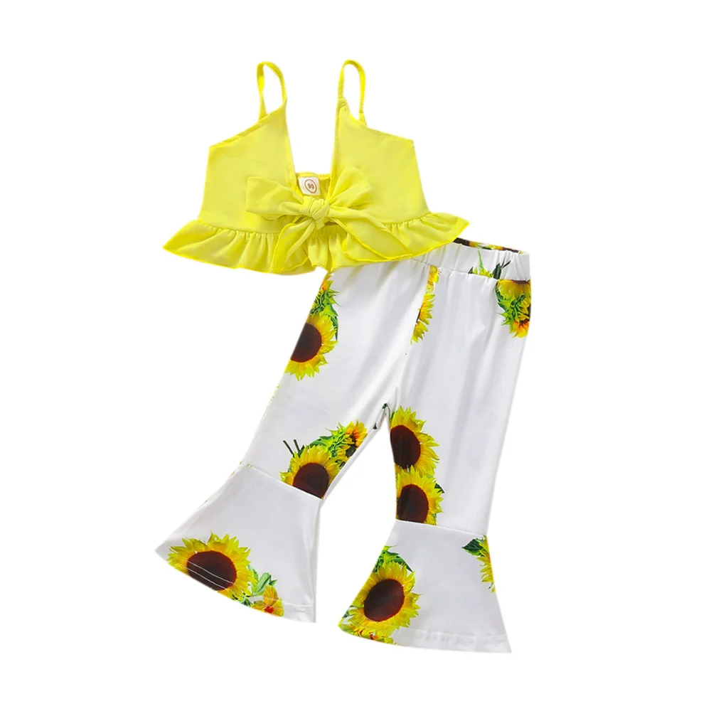 Girl Clothes Set, Solid Color Sling Tops+Sunflower Print Flared Pants