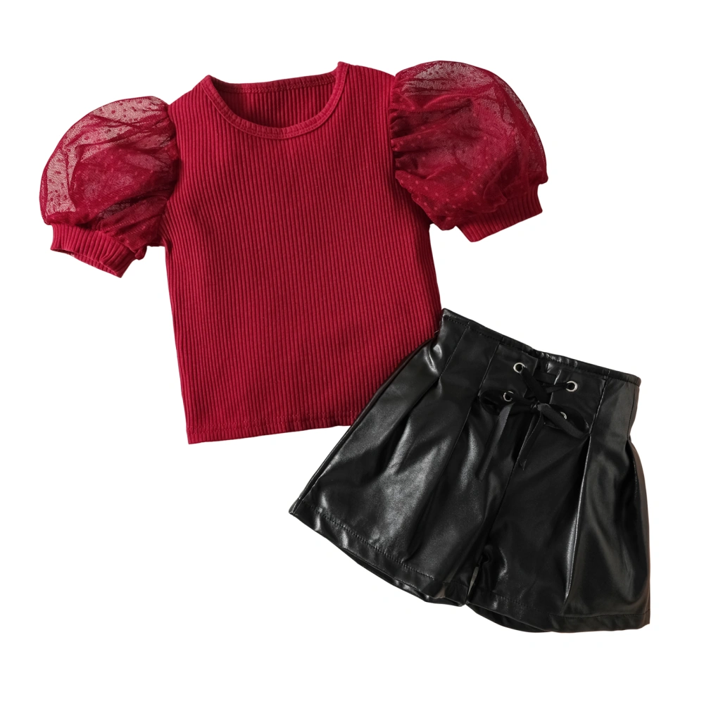 Kids Girls Summer Outfit Mesh Patchwork Tops and Leather Shorts Set