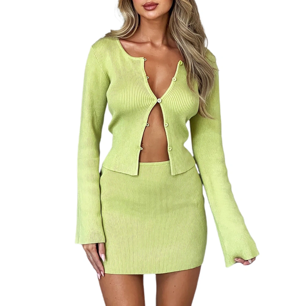 Women's Autumn Long Sleeve Hook Closure Tops + Green Mini Skirt