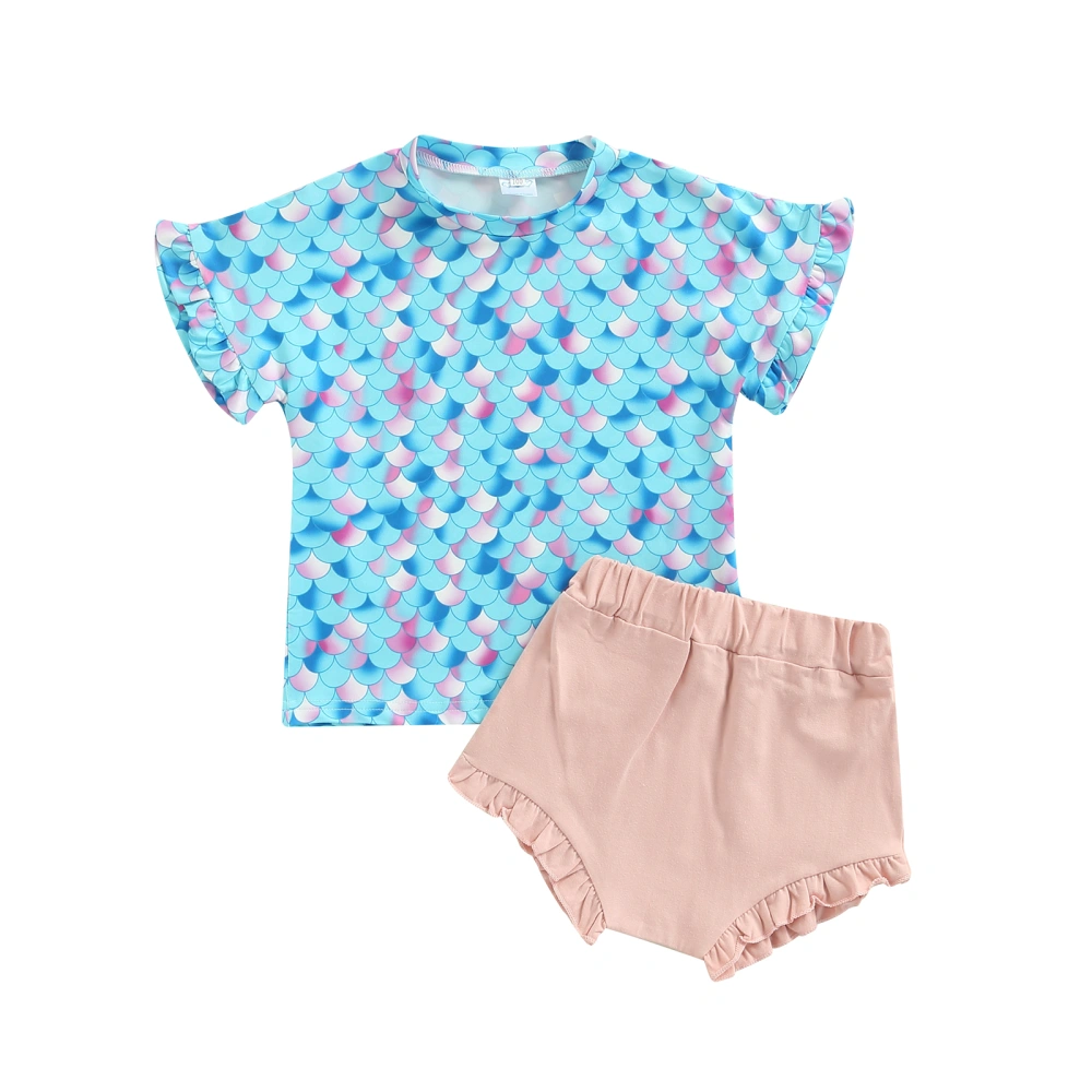 Kids Suit Set, Girls Round Neck Short Sleeve Tops+ Ruffle Shorts