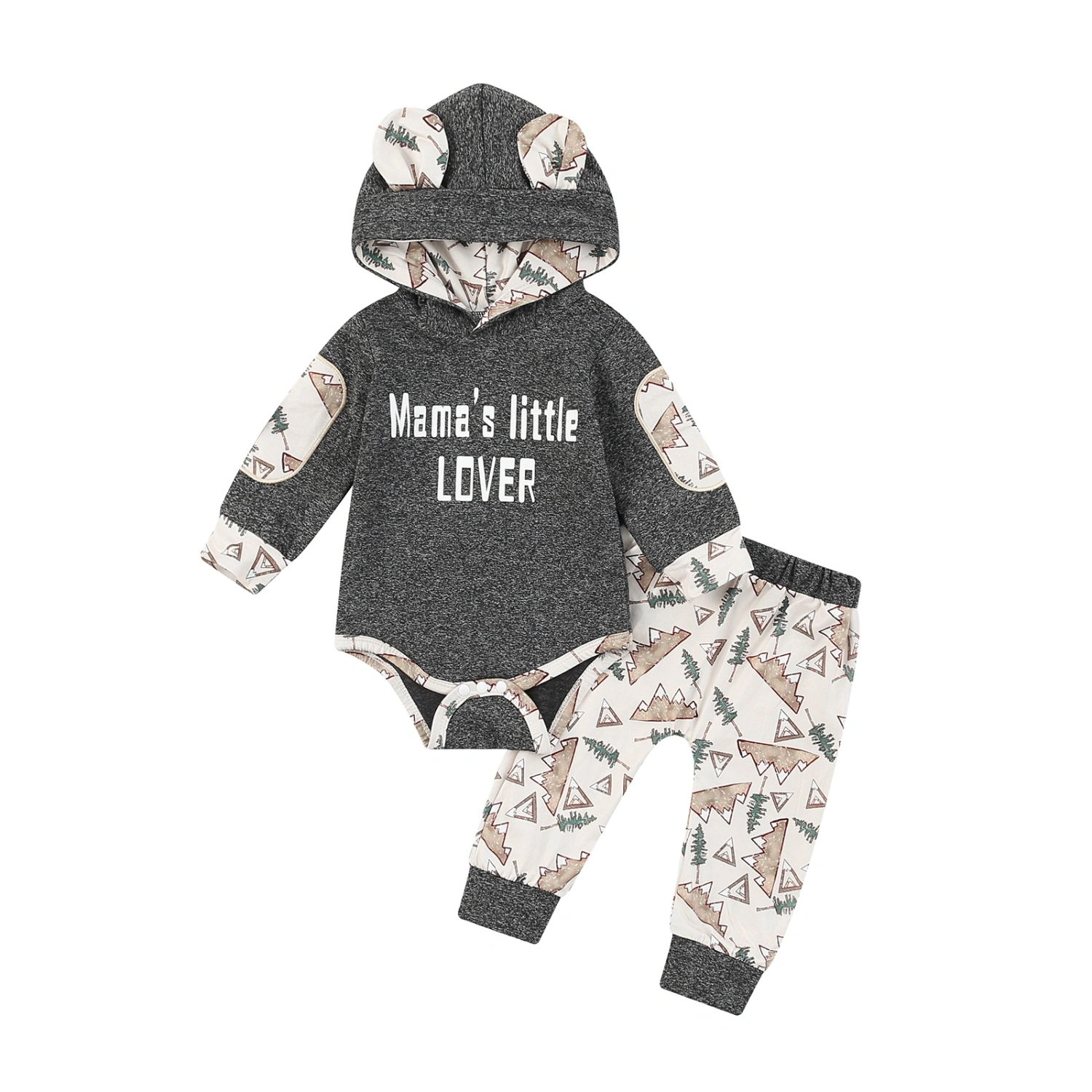 Baby Jumpsuit Letter Contrast Color Hooded Romper + Printed Pants