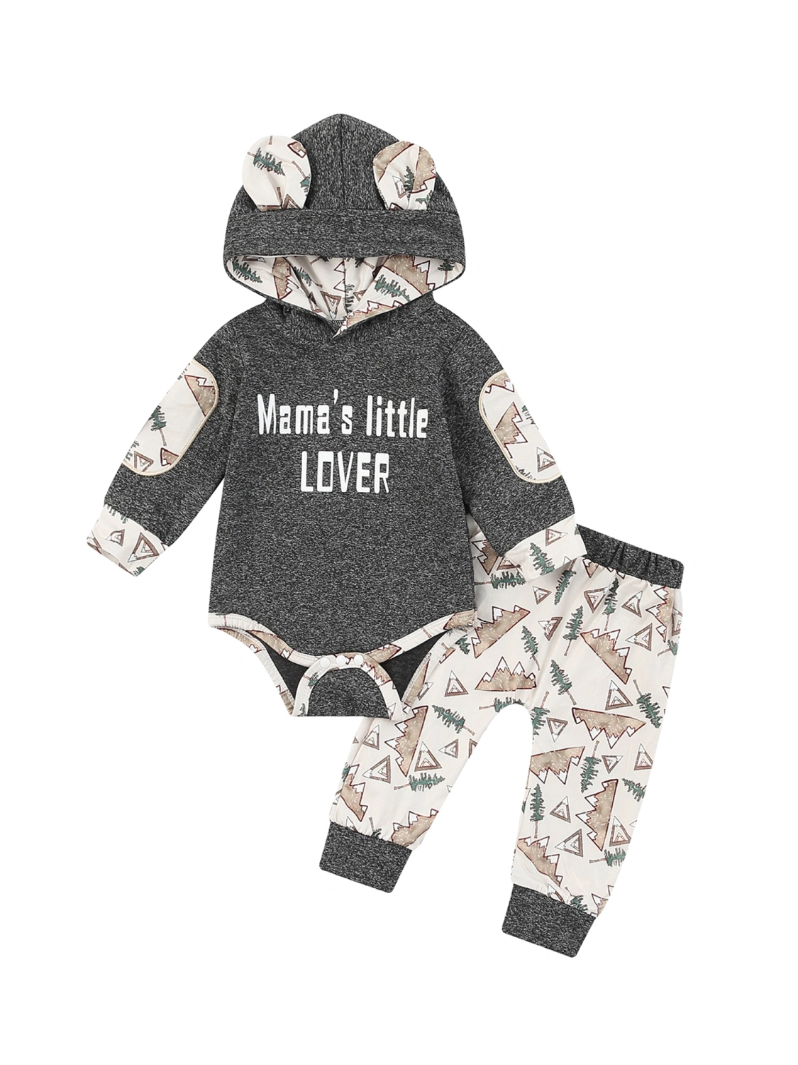 Baby Jumpsuit Letter Contrast Color Hooded Romper + Printed Pants