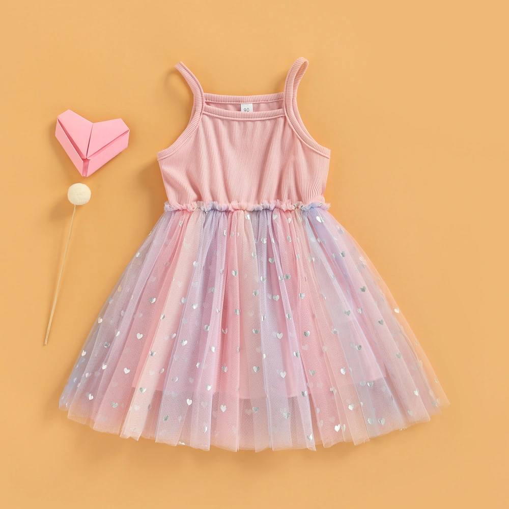 Children Girl Dresses Stitched Heart Print Mesh Cute Suspender Dress