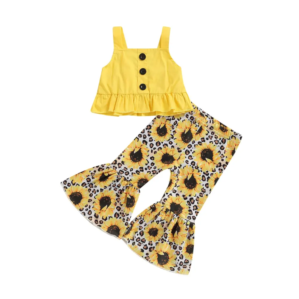 Girl's Two-Piece Suit, Ruffle Hem Sling Tops + Sunflower Print Pants