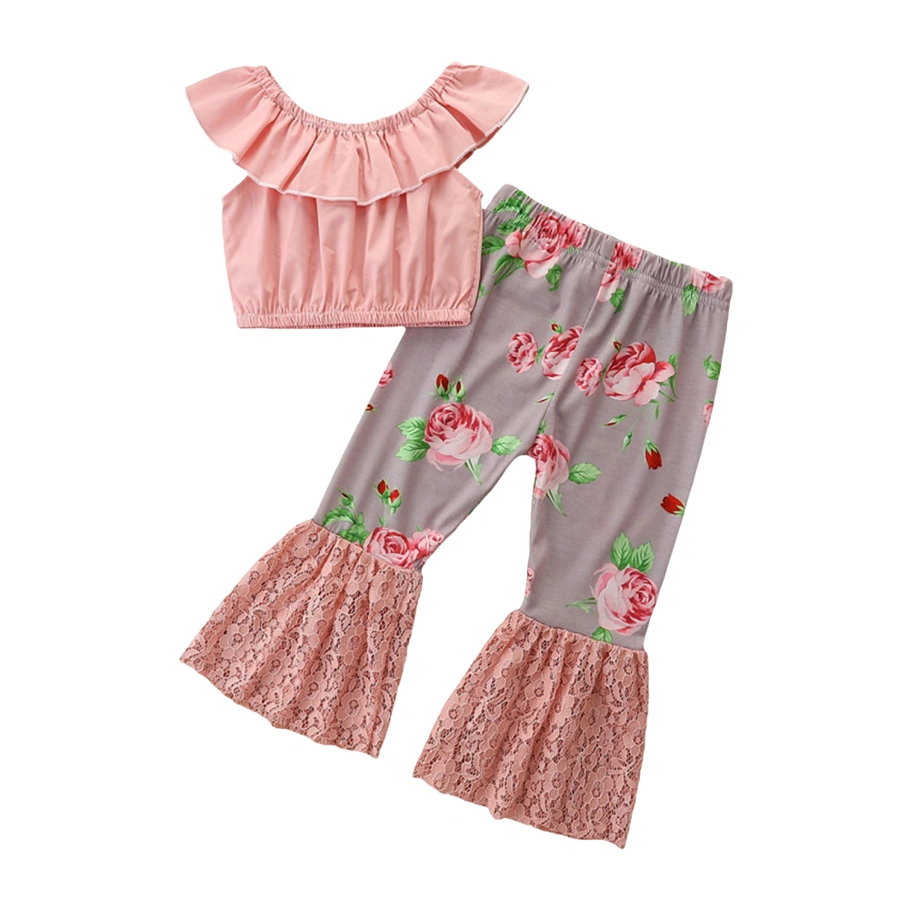 Girl’s Boat Neck Tops and Print Lace Stitching Trumpet Pants Set