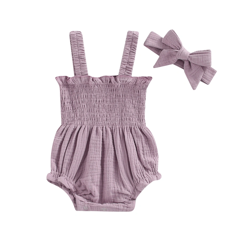 Baby Girls Romper, Solid Color Sleeveless Ruffles Jumpsuit+Headband