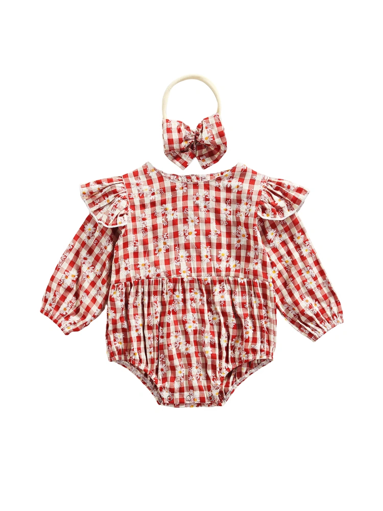 Toddler Long Sleeve Romper + Bow Headband, Daisy Plaid Print