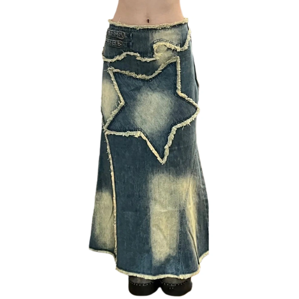 Women Denim Half Dress Vintage Star Patchwork Party Club Long Skirt 