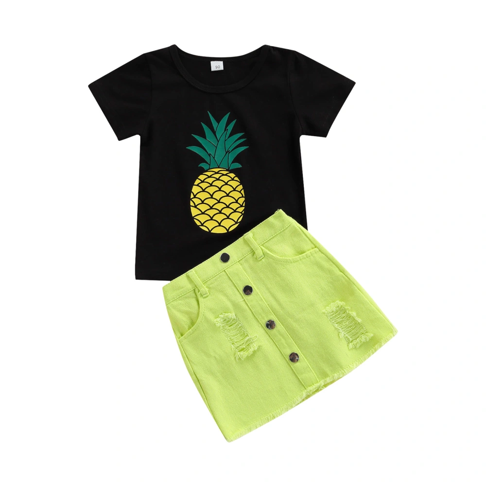 Girls Clothes Set, Pineapple Print T-shirt + Solid Color Ripped Skirt