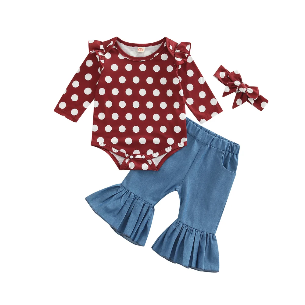 Girls Pants Set, Dots Print Romper with Flare Pants and Headband