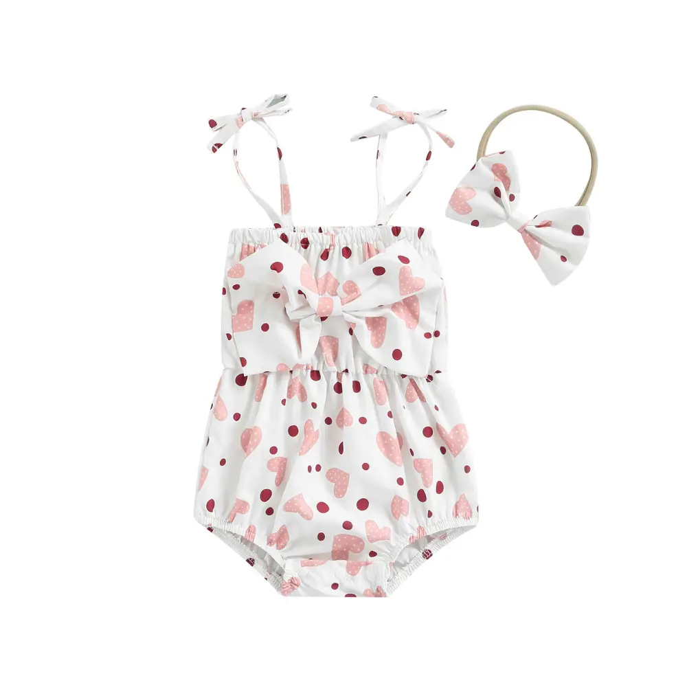 Baby Girl's Two-Piece Suit Heart Print Bowknot Sling Romper + Headband