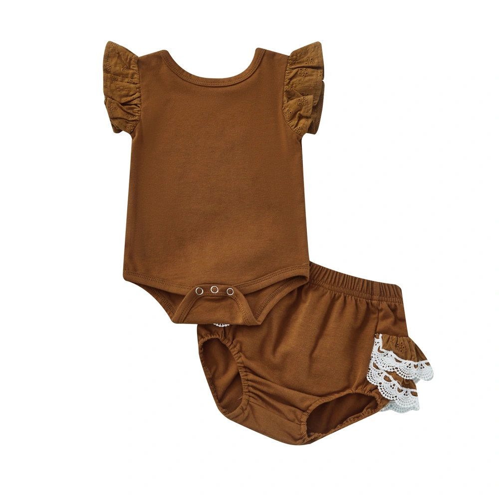 Infant Girl 2 Pieces Outfits, Fly Sleeve Romper + Lace Ruffles Shorts