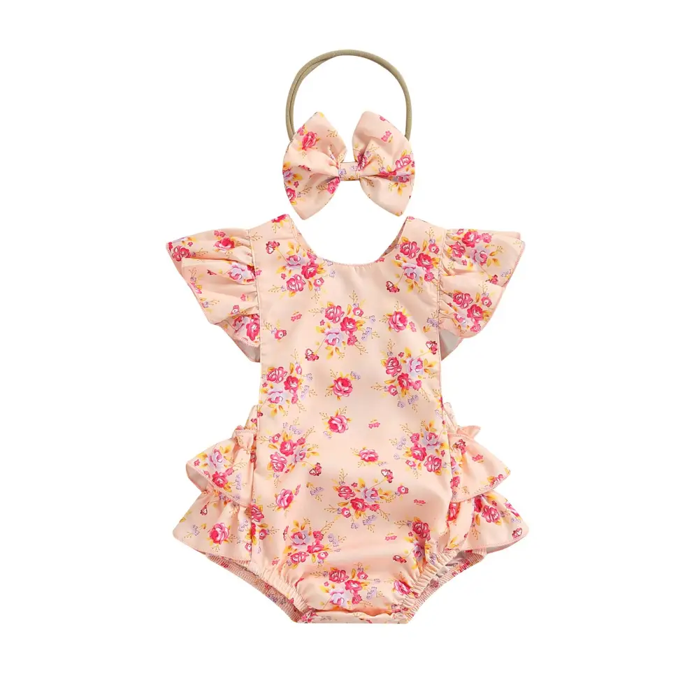 Floral Print Ruffle Fly Sleeve Round Neck Bodysuit + Bow Headband