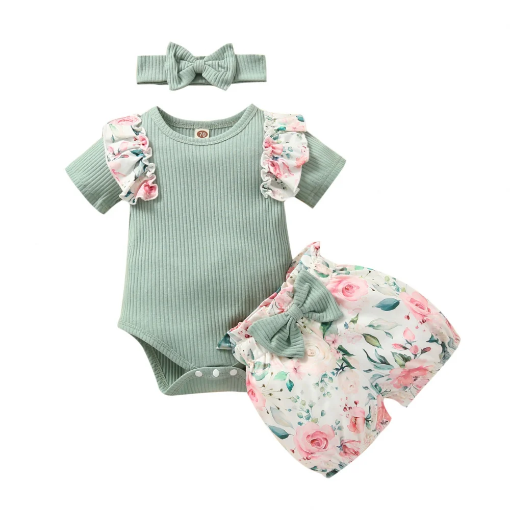 Infant Short Sleeve Romper + Shorts + Bow Headband, Flower Print