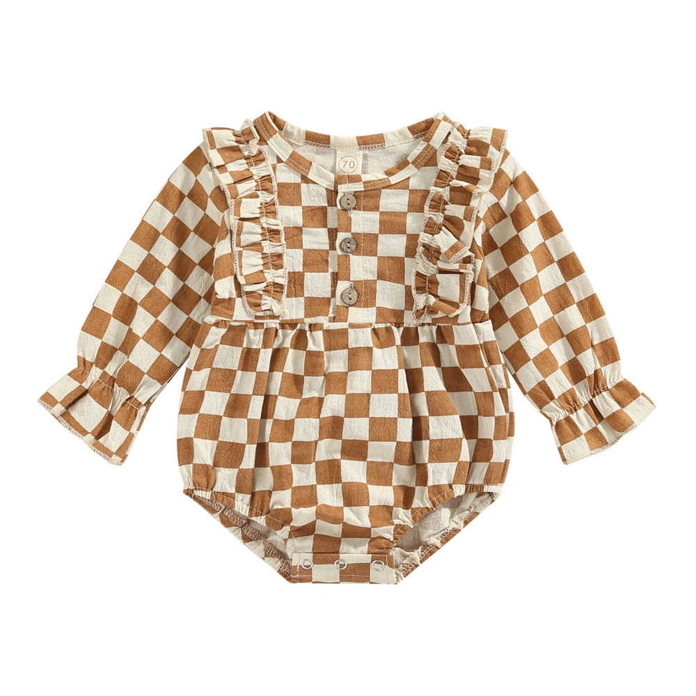 Infant Full Sleeve Romper, Plaid Pattern Buttons Ruffles Bodysuit