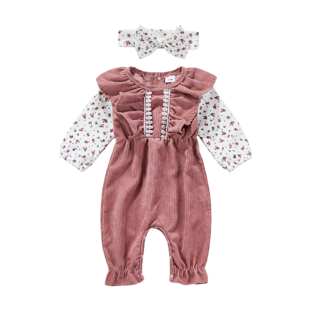 Infant Girl Romper Suit, Long Sleeve Patchwork Playsuit + Headband Set