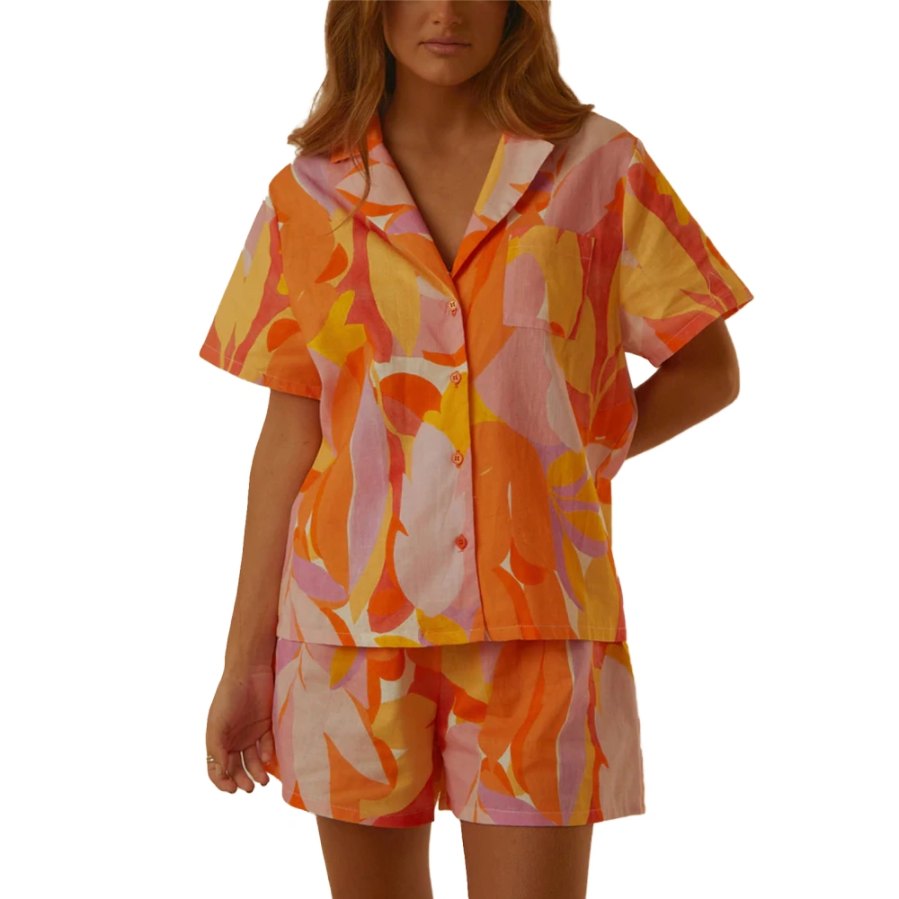 Women Shorts Set, Tie-dye Print Short Sleeve Shirt with Shorts 