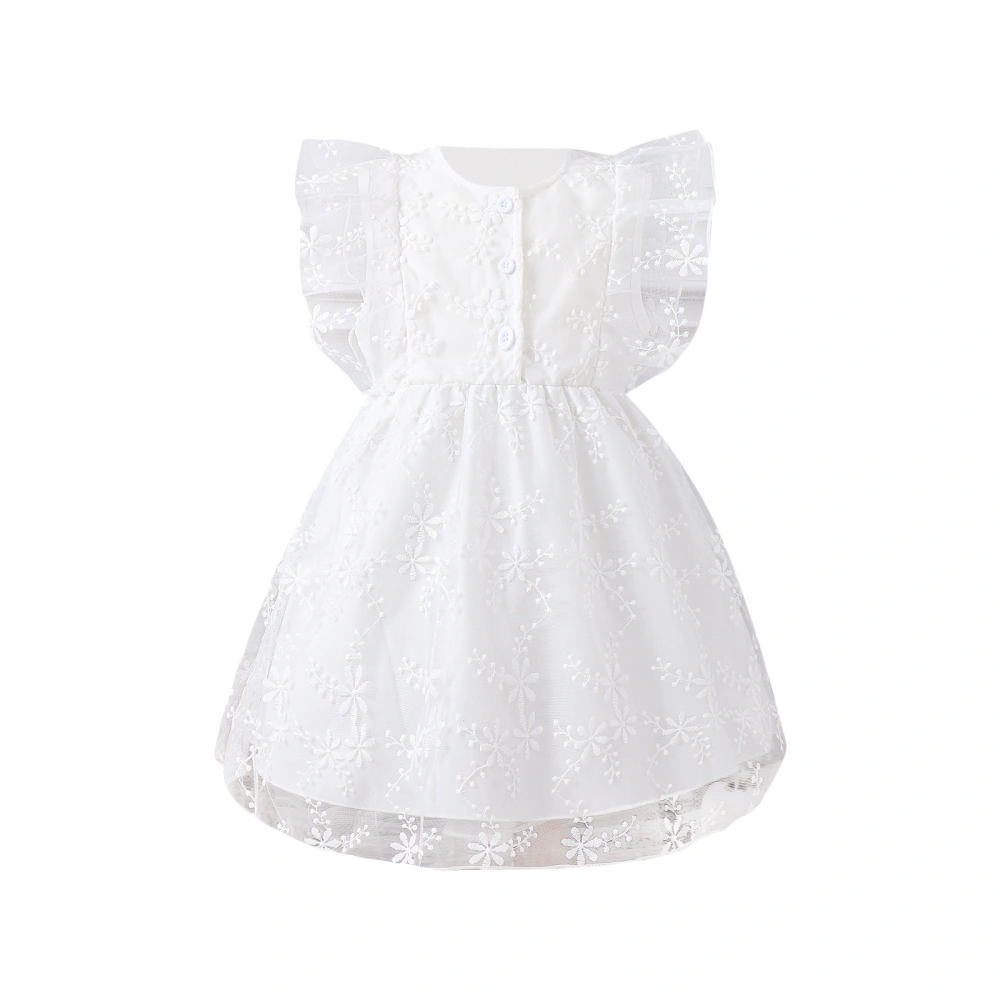 Kids Girls Flying Sleeve Dress Floral Embroidery Buttons A-Line Dress