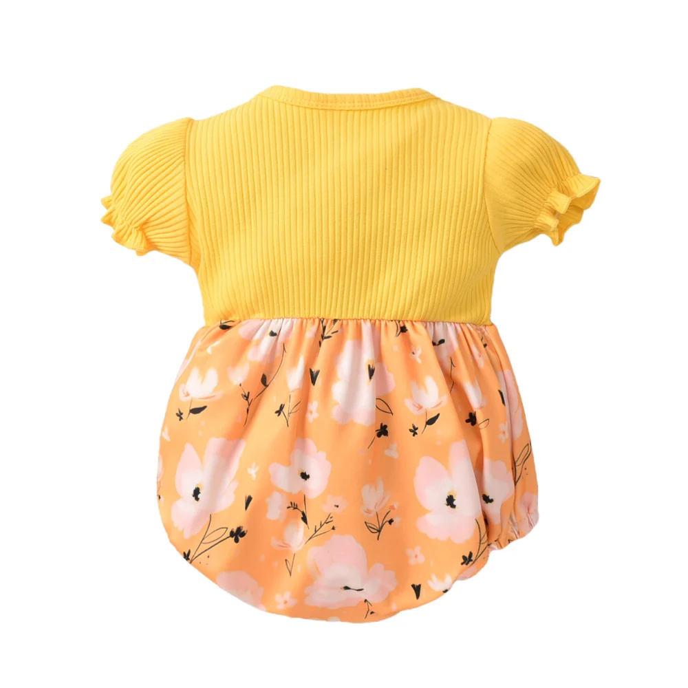 Baby Girls Casual Romper, Yellow Short Sleeve Round Collar One-piece