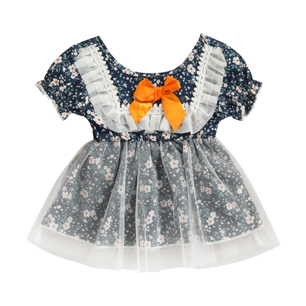 Baby Short Sleeve Dress with Mesh Stitching, Bow Decoration Clothing