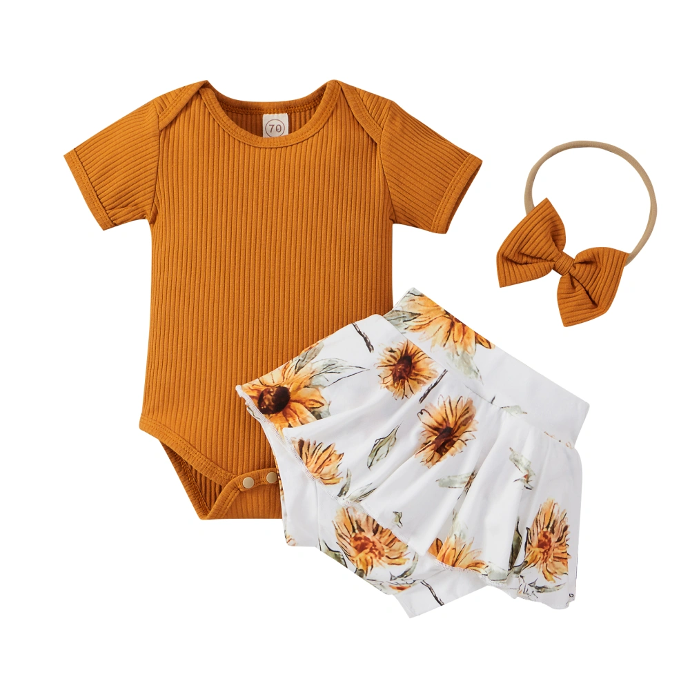 Baby Girl Summer Outfit, Solid Color Romper + Floral Shorts + Hairband