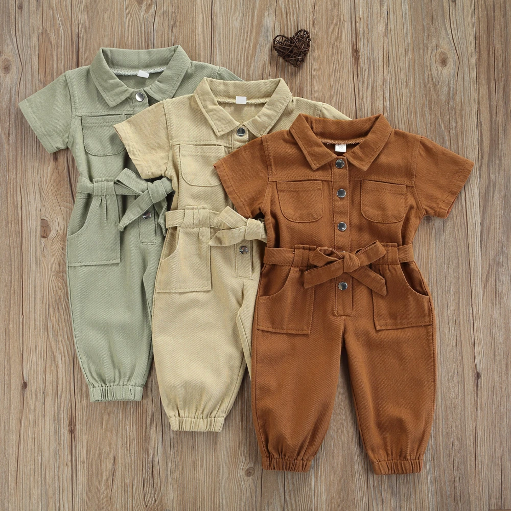 Girl’s Solid Color Pocket Single-breasted Long Sleeve Jumpsuit