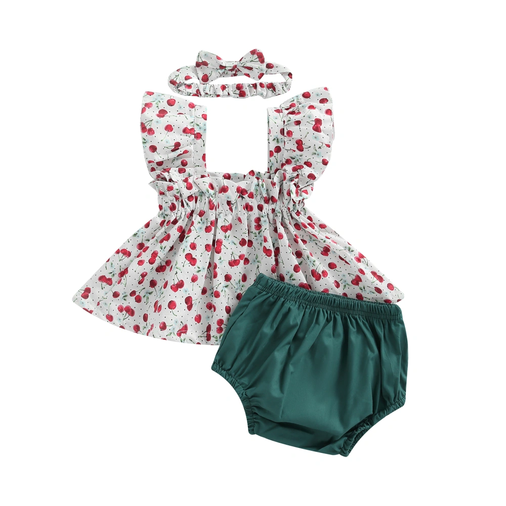 Girls Ruffle Sleeve Cherry Print Tops + Solid PP Shorts + Headband