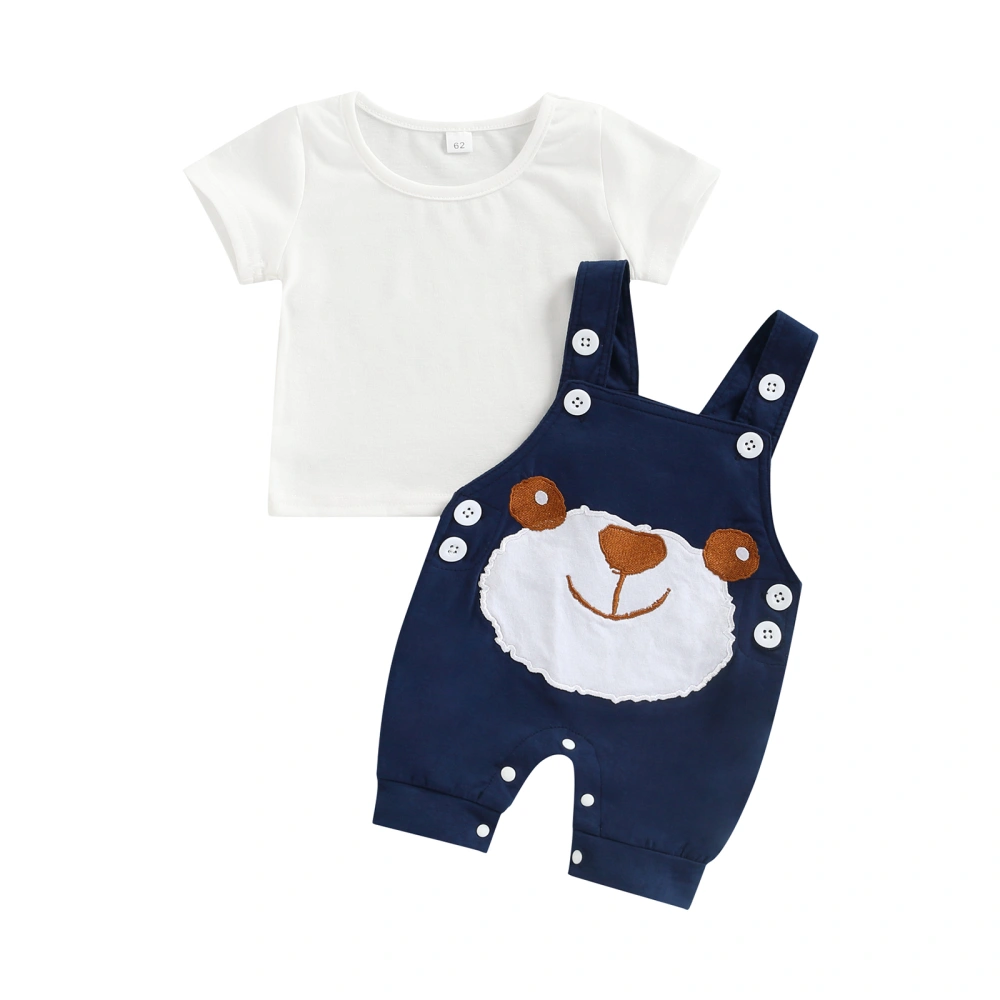 Baby Girl Short Sleeve Round Neck T-shirt + Bear Print Suspender Pants